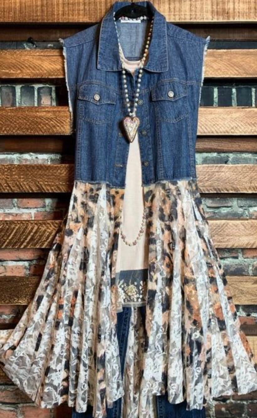 Origami by Vivien BOHO Denim Lace Duster Women’s Size L/XL Cottage core Festival